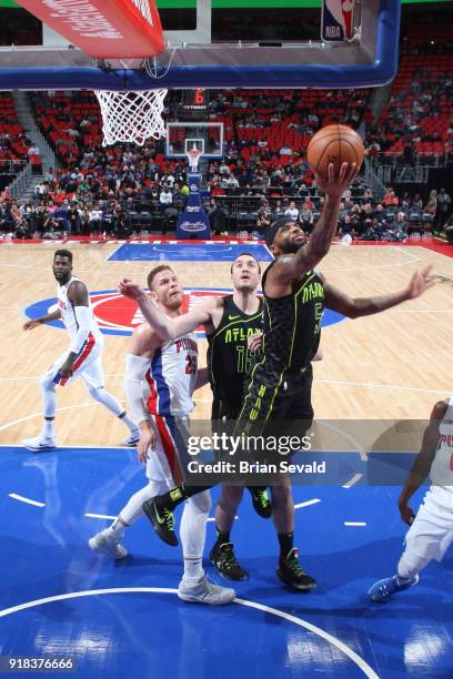 Malcolm Delaney of the Atlanta Hawks drives to the basket during the game against the Detroit Pistons on February 14, 2018 at Little Caesars Arena in...