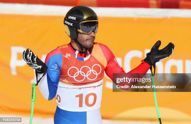 Johan Clarey of France reacts after a run during the Men's Downhill on day six of the PyeongChang 2018 Winter Olympic Games at Jeongseon Alpine...