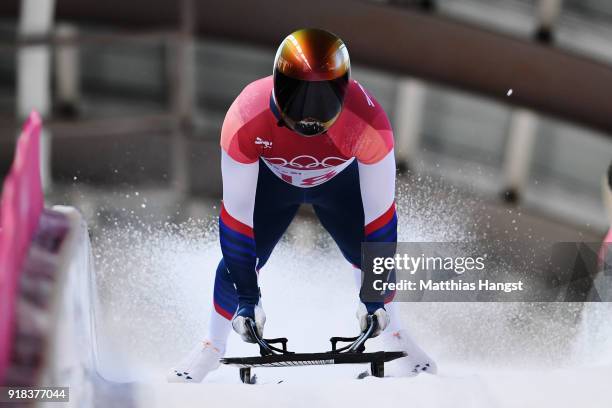 John Daly of the United States slides into the finish area during the Men's Skeleton heats on day six of the PyeongChang 2018 Winter Olympic Games at...