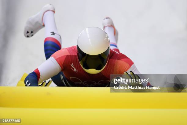 Matt Antoine of the United States slides into the finish area during the Men's Skeleton heats on day six of the PyeongChang 2018 Winter Olympic Games...