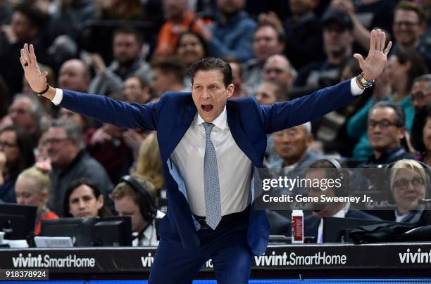 Head coach Quin Snyder of the Utah Jazz gestures on the sideline during the first half of a game against the Phoenix Suns at Vivint Smart Home Arena...
