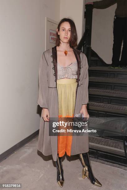 Model poses backstage at the Maryam Nassir Zadeh fashion show during New York Fashion Week on February 14, 2018 in New York City.