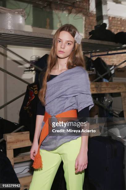 Model poses backstage at the Maryam Nassir Zadeh fashion show during New York Fashion Week on February 14, 2018 in New York City.