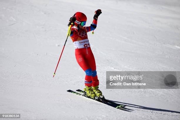 Ryon-Hyang Kim of North Korea finishes during the Ladies' Giant Slalom on day six of the PyeongChang 2018 Winter Olympic Games at Yongpyong Alpine...