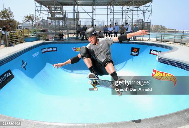 American skate-boarding legend Tony Hawk performs a manoeuvre at the BOWL-A-RAMA 2018 media call at Bondi Beach on February 15, 2018 in Sydney,...