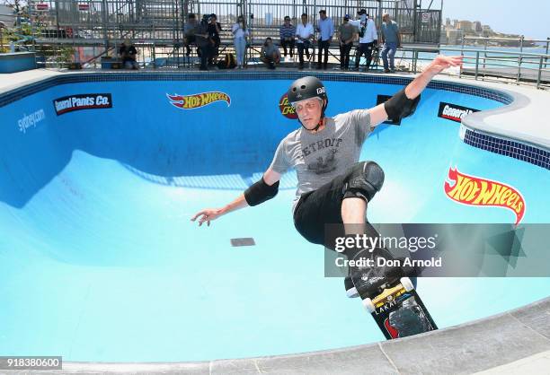American skate-boarding legend Tony Hawk performs a manoeuvre at the BOWL-A-RAMA 2018 media call at Bondi Beach on February 15, 2018 in Sydney,...
