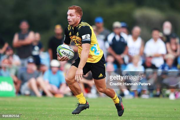 Ihaia West of the Hurricanes makes a break during the Super Rugby trial match between the Blues and the Hurricanes at Mahurangi Rugby Club on...