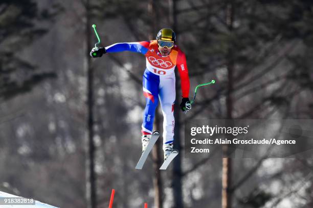 Johan Clarey of France competes during the Alpine Skiing Men's Downhill at Jeongseon Alpine Centre on February 15, 2018 in Pyeongchang-gun, South...