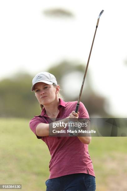 Cindy Lacrosse of the United States hits an approach shot on the 9th hole during day one of the ISPS Handa Australian Women's Open at Kooyonga Golf...