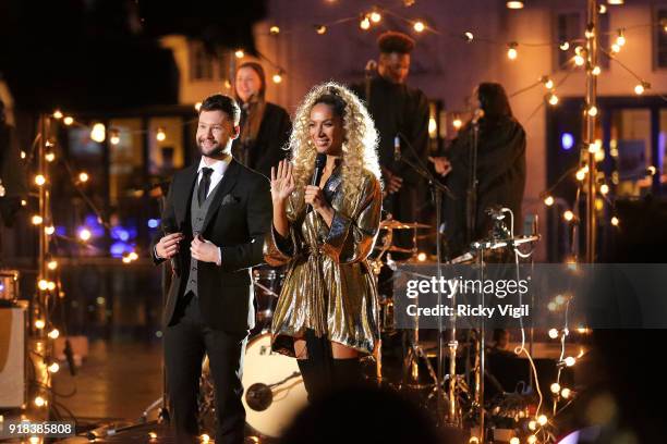 Leona Lewis performs her new single with Calum Scott on The One Show filmed at BBC Broadcasting House on February 14, 2018 in London, England.