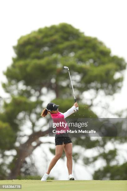 Tiffany Chan of Hong Kong hits an approach shot on the 8th hole during day one of the ISPS Handa Australian Women's Open at Kooyonga Golf Club on...