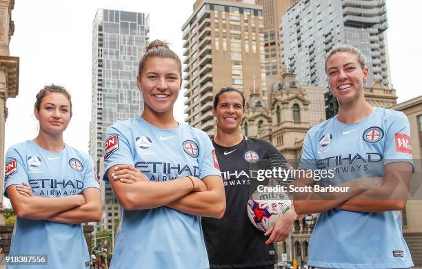 City players Lydia Williams, Steph Catley, Alanna Kennedy and Jodie Taylor pose during a Melbourne City W-League Media Opportunity at Paliament Steps...