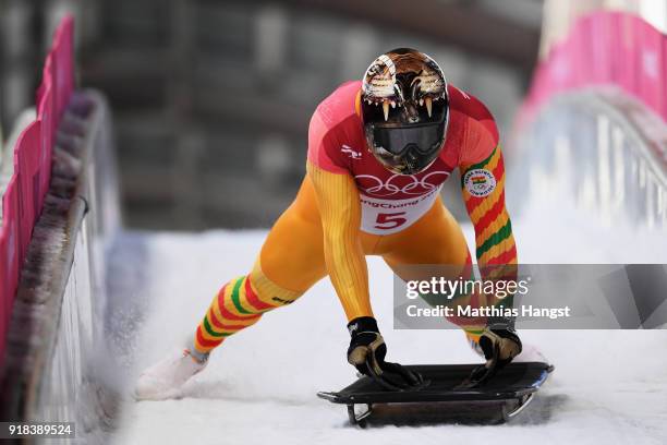 Akwasi Frimpong of Ghana slides into the finish area during the Men's Skeleton heats on day six of the PyeongChang 2018 Winter Olympic Games at the...