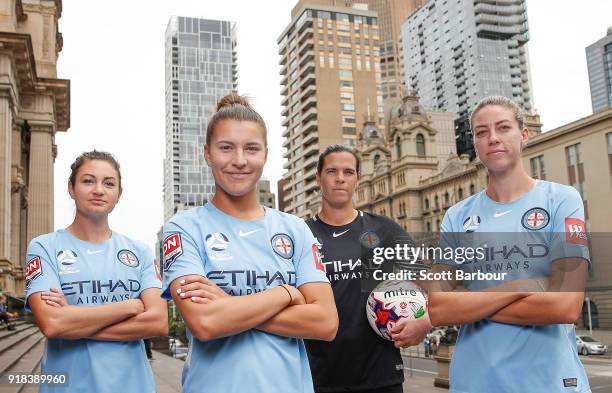 City players Lydia Williams, Steph Catley, Alanna Kennedy and Jodie Taylor pose during a Melbourne City W-League Media Opportunity at Paliament Steps...