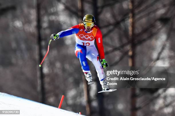 Adrien Theaux of France competes during the Alpine Skiing Men's Downhill at Jeongseon Alpine Centre on February 15, 2018 in Pyeongchang-gun, South...