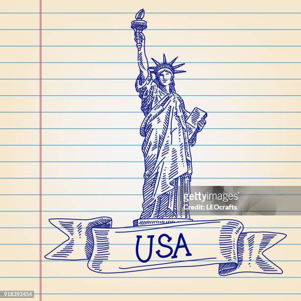 ilustraciones, imágenes clip art, dibujos animados e iconos de stock de estatua de la libertad, dibujo sobre papel alineado - statue of liberty drawing