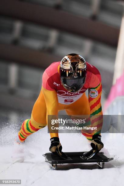 Akwasi Frimpong of Ghana slides into the finish area during the Men's Skeleton heats on day six of the PyeongChang 2018 Winter Olympic Games at the...