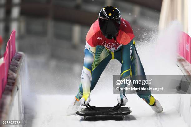 John Farrow of Australia slides into the finish area during the Men's Skeleton heats on day six of the PyeongChang 2018 Winter Olympic Games at the...