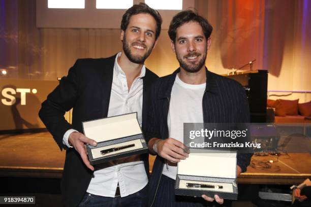 Winners Frederic Boeert and Vincent Brass during the Young ICONs Award in cooperation with ICONIST at Spindler&Klatt on February 14, 2018 in Berlin,...