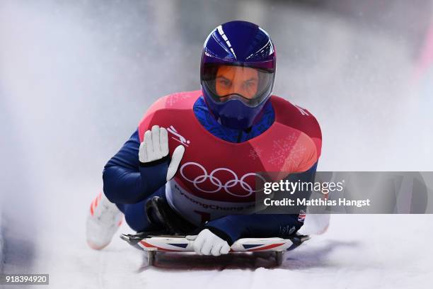 Dom Parsons of Great Britain slides into the finish area during the Men's Skeleton heats on day six of the PyeongChang 2018 Winter Olympic Games at...