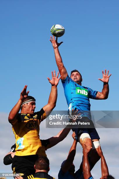 Glenn Preston of the Blues wins lineout ball during the Super Rugby trial match between the Blues and the Hurricanes at Mahurangi Rugby Club on...