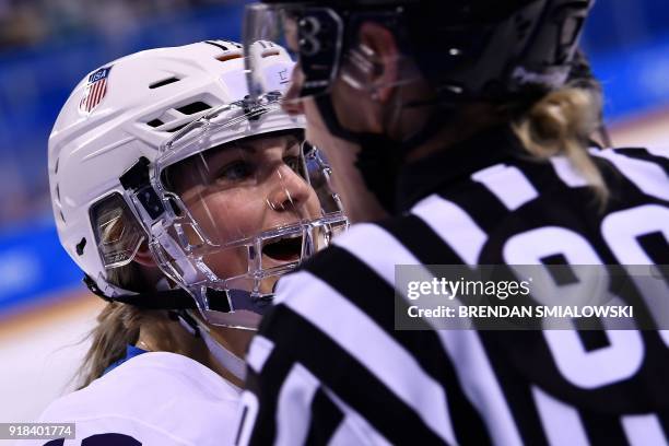 S Jocelyne Lamoureux-Davidson complains in the women's preliminary round ice hockey match between the US and Canada during the Pyeongchang 2018...