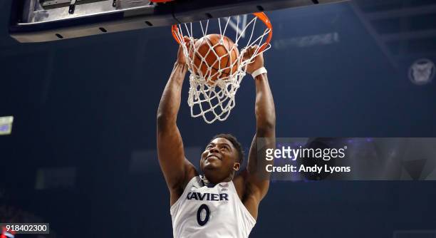 Tyrique Jones of the Xavier Musketeers shoots the ball against the Seton Hall Pirates during the game at Cintas Center on February 14, 2018 in...