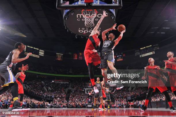 Klay Thompson of the Golden State Warriors shoots the ball during the game against the Portland Trail Blazers on February 14, 2018 at the Moda Center...