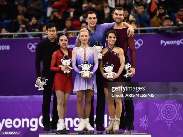 Gold winners Germany's Aljona Savchenko and Germany's Bruno Massot pose on the podium with silver winners China's Sui Wenjing and China's Han Cong ,...