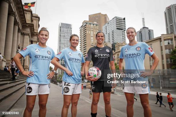 City players Lydia Williams, Steph Catley, Alanna Kennedy and Jodie Taylor pose during a Melbourne City W-League Media Opportunity at Paliament Steps...