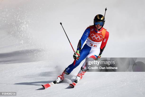 Adeline Baud Mugnier of France reacts at the finish during the Ladies' Giant Slalom on day six of the PyeongChang 2018 Winter Olympic Games at...