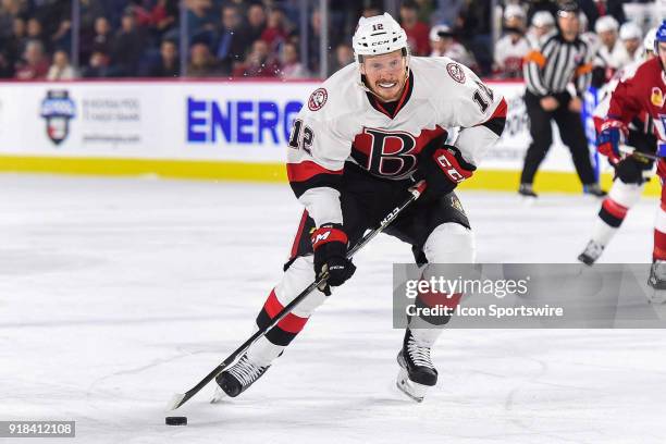 Belleville Senators right wing Jack Rodewald enters Laval Rocket zone with the puck during the Belleville Senators versus the Laval Rocket game on...