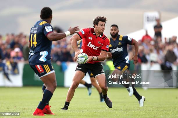 David Havili of the Crusaders looks to pass the ball during the Super Rugby trial match between the Highlanders and the Crusaders at Fred Booth Park...