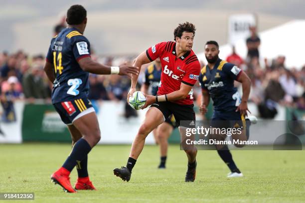 David Havili of the Crusaders looks to pass the ball during the Super Rugby trial match between the Highlanders and the Crusaders at Fred Booth Park...