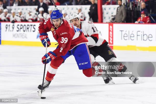 Laval Rocket left wing Jordan Boucher skates away with the puck during the Belleville Senators versus the Laval Rocket game on February 14 at Place...