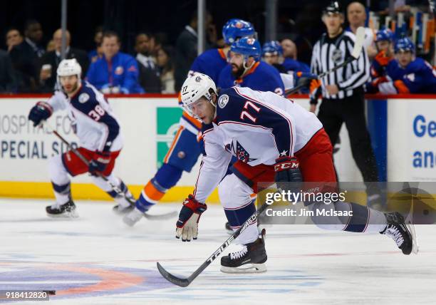 Josh Anderson of the Columbus Blue Jackets in action against the New York Islanders at Barclays Center on February 13, 2018 in New York City. The...