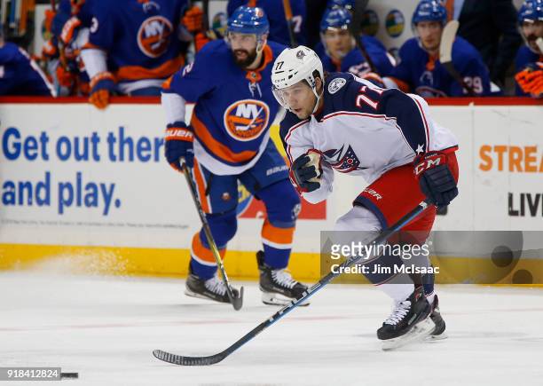 Josh Anderson of the Columbus Blue Jackets in action against the New York Islanders at Barclays Center on February 13, 2018 in New York City. The...