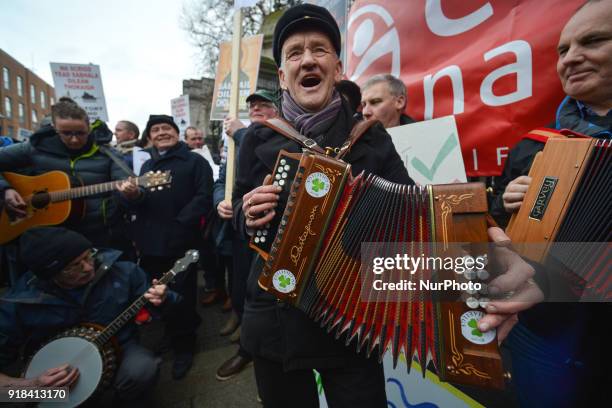 People from mainly Irish-speaking Tory Island, led by the King of Tory Patsy Dan Rodgers , protest outside Leinster House in Dublin against the...