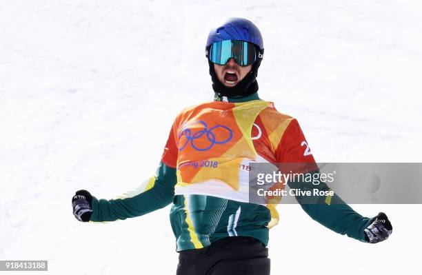 Alex Pullin of Australia celebrates winning the Men's Snowboard Cross Semifinal 1 on day six of the PyeongChang 2018 Winter Olympic Games at Phoenix...