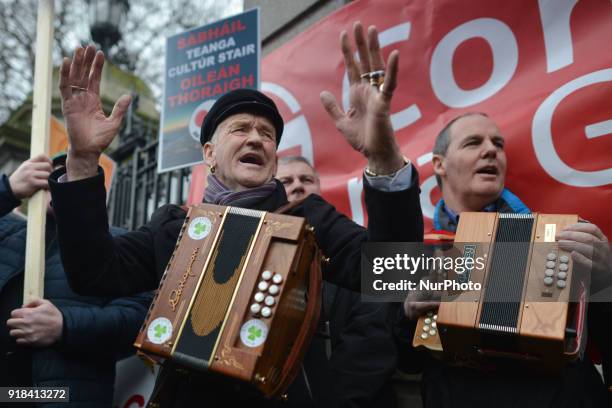 People from mainly Irish-speaking Tory Island, led by the King of Tory Patsy Dan Rodgers , protest outside Leinster House in Dublin against the...