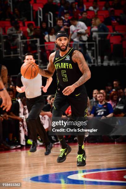 Malcolm Delaney of the Atlanta Hawks handles the ball against the Detroit Pistons on February 14, 2018 at Little Caesars Arena in Detroit, Michigan....