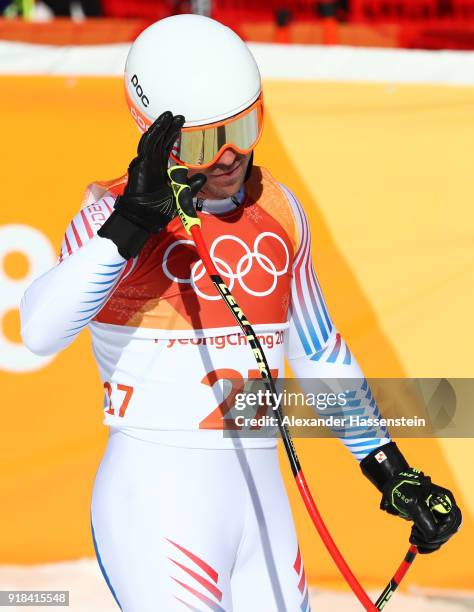 Jared Goldberg of the United States reacts at the finish during the Men's Downhill on day six of the PyeongChang 2018 Winter Olympic Games at...