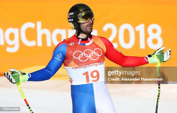 Adrien Theaux of France reacts at the finsh during the Men's Downhill on day six of the PyeongChang 2018 Winter Olympic Games at Jeongseon Alpine...