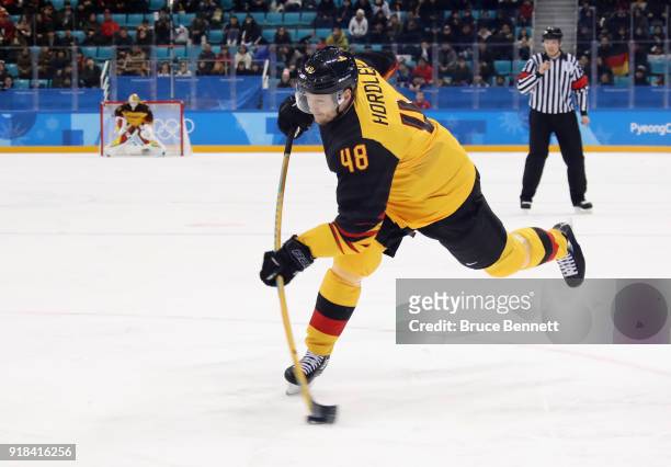 Frank Hordler of Germany takes the shot against Finland during the Men's Ice Hockey Preliminary Round Group C game on day six of the PyeongChang 2018...