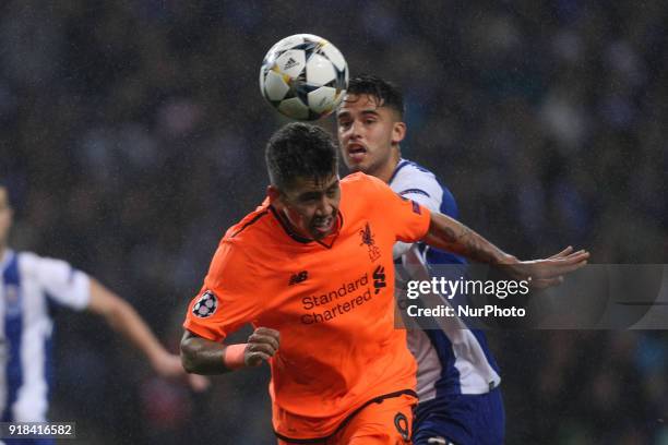 Roberto Firmino forward of Liverpool in action with Porto's Mexican defender Diego Reyes during the UEFA Champions League, match between FC Porto and...