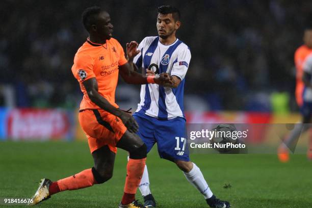 Porto's Mexican forward Jesus Corona vies with Sadio Mane forward of Liverpool during the UEFA Champions League, match between FC Porto and...