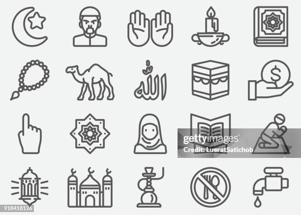 islam islamic ramadan arabian religions line icons - hajj stock illustrations