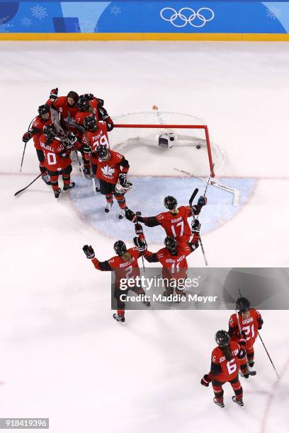 Canada celebrates after defeating the United States 2-1 during the Women's Ice Hockey Preliminary Round Group A game on day six of the PyeongChang...