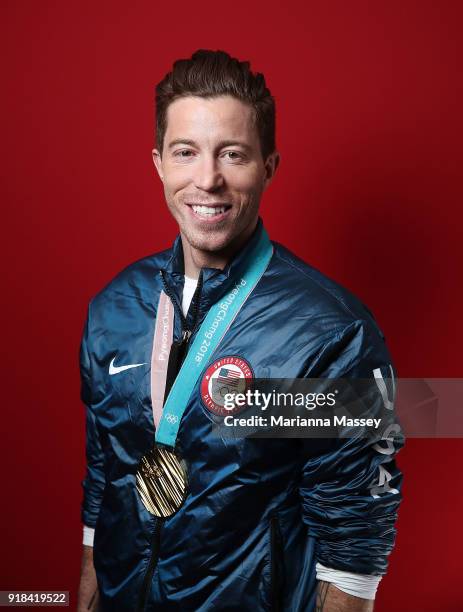 Gold medalist in the Men's Snowboard Halfpipe Shaun White of the United States poses for a portrait on the Today Show Set on February 14, 2018 in...