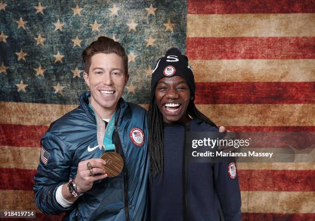 Gold medalist in the Men's Snowboard Halfpipe Shaun White of the United States poses for a portrait with United States Short Track speed skater Maame...